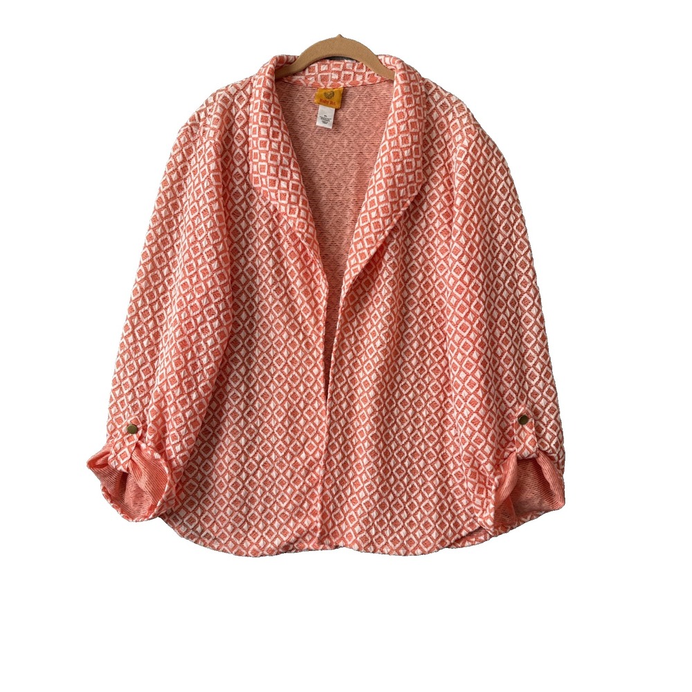 Ruby Rd Textured Geometric Open Cardigan XL Coral Orange Coastal Grandma Chic